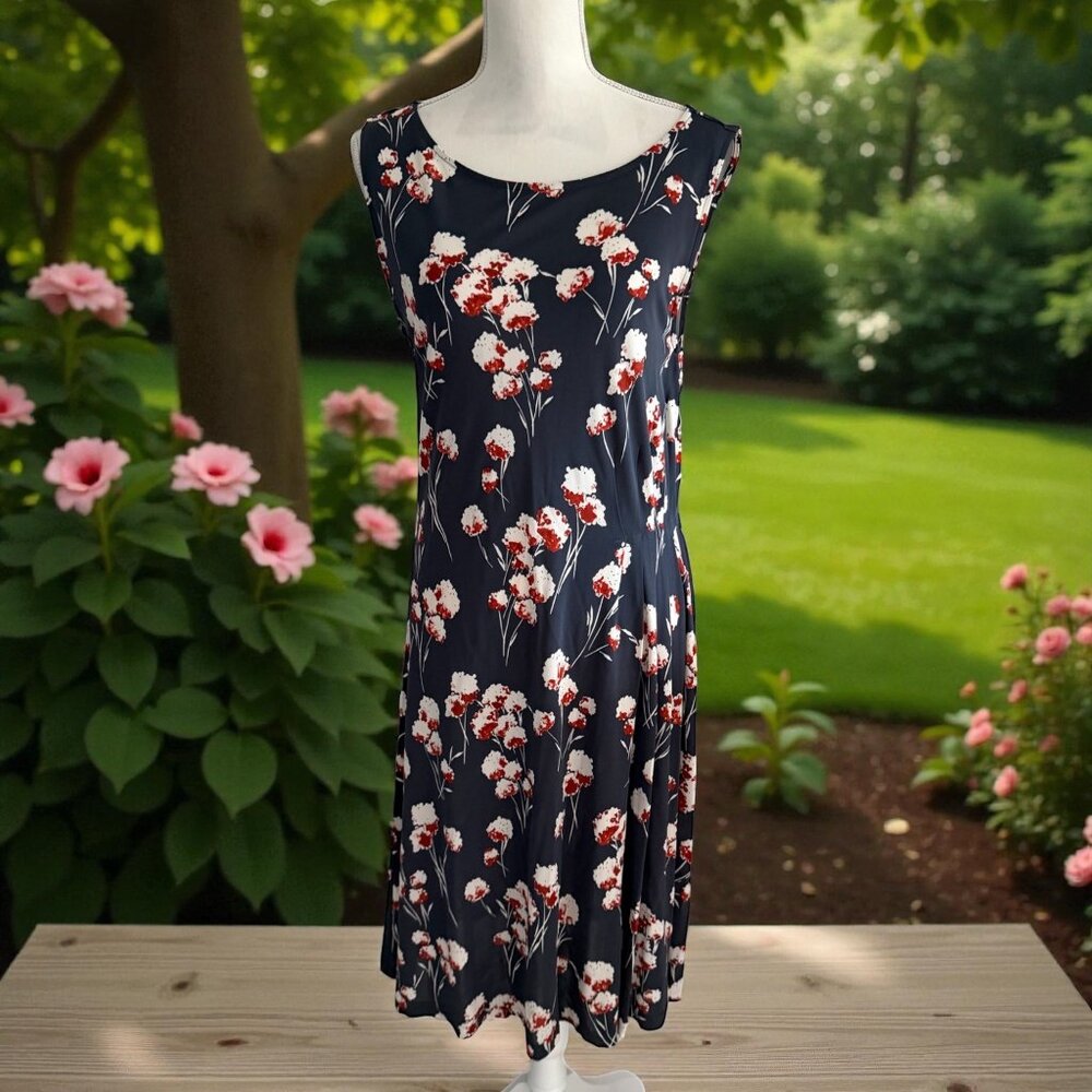 TORY BURCH Navy Gray Floral MIDI Dress Size 10